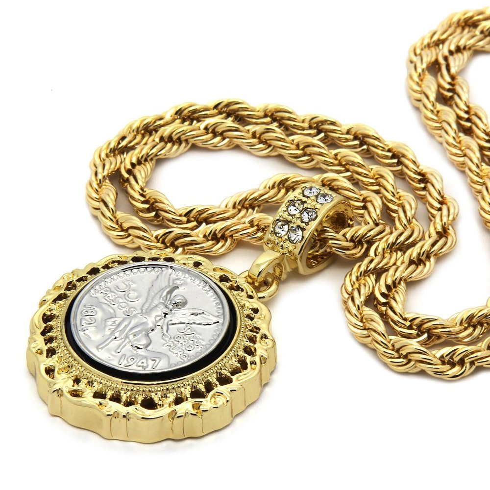 14k Gold Peso 24" Rope Chain + Pendant - Picture 1 of 5